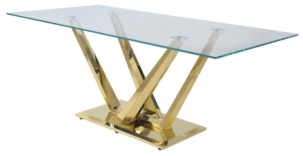 Acme DN00219-20 7 pc Barnard mirrored gold metal and clear glass tempered top grey velvet chairs dining table set