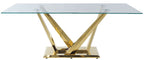 Acme DN00219-20 7 pc Barnard mirrored gold metal and clear glass tempered top grey velvet chairs dining table set