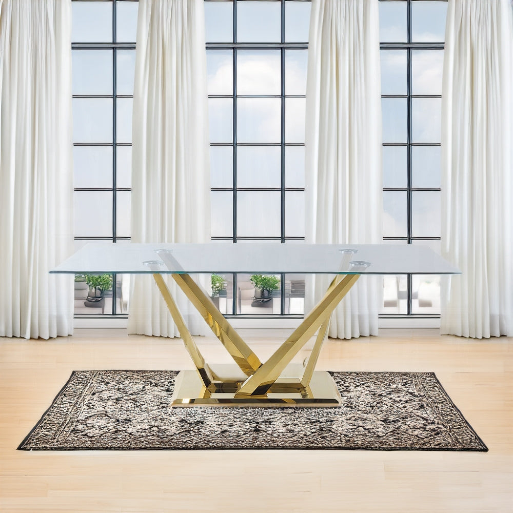 Acme DN00219-20 7 pc Barnard mirrored gold metal and clear glass tempered top grey velvet chairs dining table set