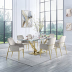 Acme DN00219-20 7 pc Barnard mirrored gold metal and clear glass tempered top grey velvet chairs dining table set