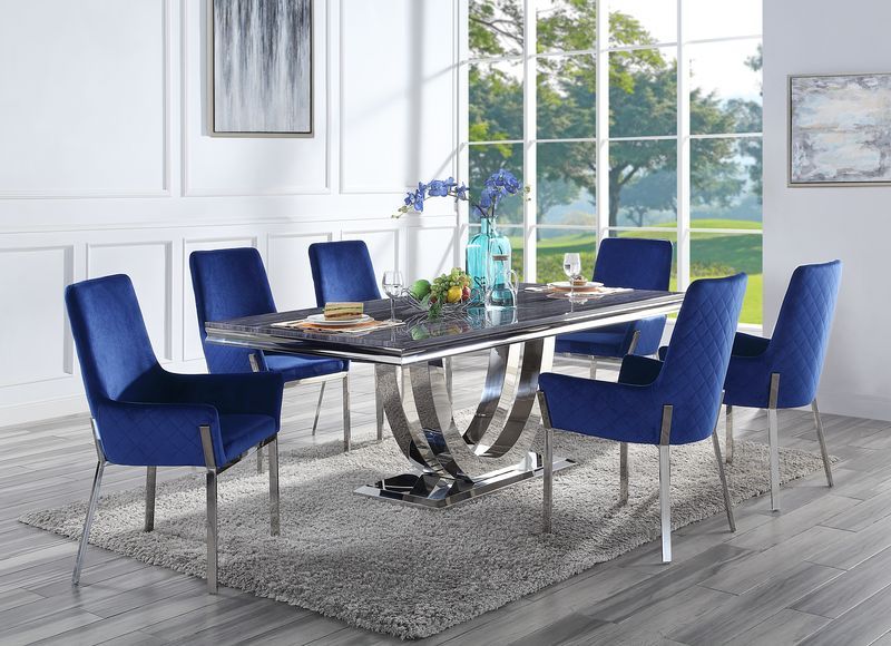 Acme DN00221-22 7 pc Cambrie mirrored silver metal and faux assure blue marble top dining table set