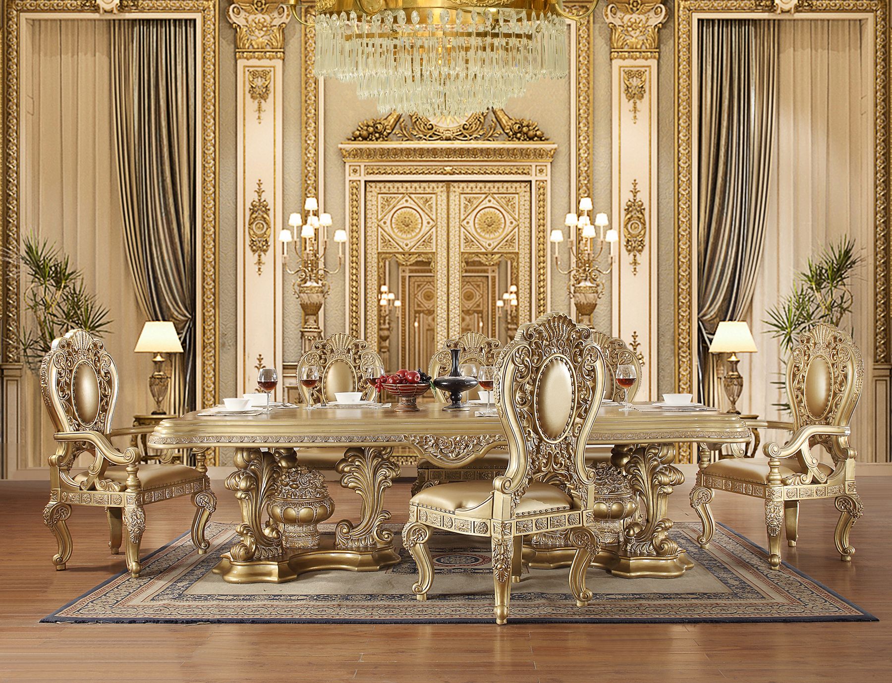 Acme DN00457 7 pc Astoria grand seville antique gold finish wood french inspired grand dining room set
