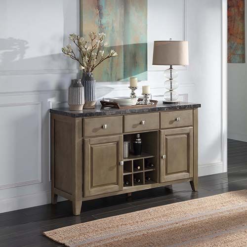 Acme DN00555 7 pc Gracie oaks charnell rustic oak finish wood marble top dining buffet sideboard server cabinet