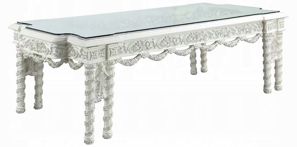 Acme DN00678 7 pc Vanaheim antique white finish wood 18th century french inspired baroque ornate dining table set