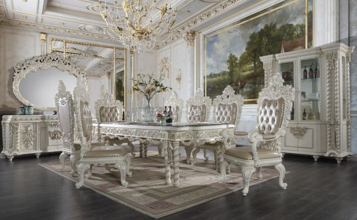 Acme DN00678 7 pc Vanaheim antique white finish wood 18th century french inspired baroque ornate dining table set