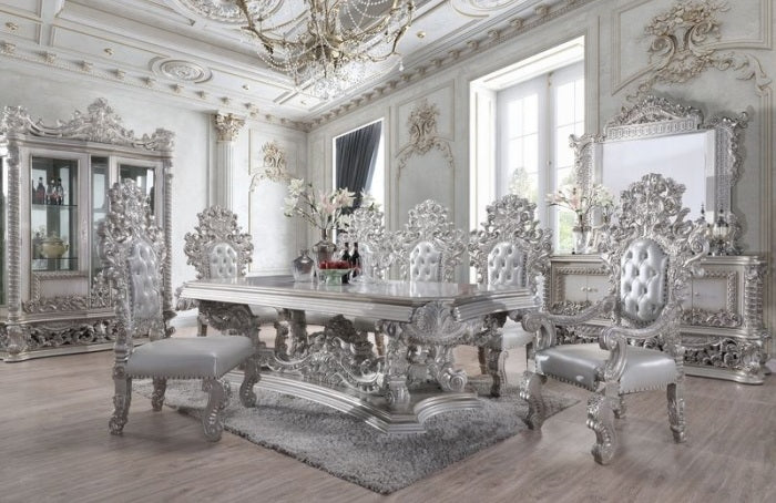 Acme DN00689 7 pc Valkyrie grey finish wood 18th century french inspired baroque ornate dining table set