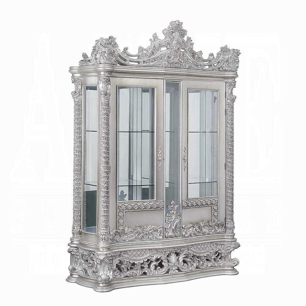 Acme DN00692 2 pc Valkyrie antique platinum finish wood 18th century french inspired baroque ornate dining buffet / hutch curio cabinet