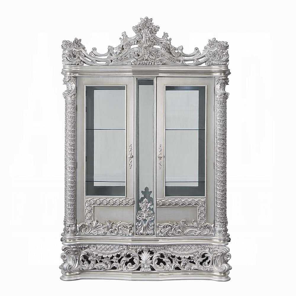 Acme DN00692 2 pc Valkyrie antique platinum finish wood 18th century french inspired baroque ornate dining buffet / hutch curio cabinet