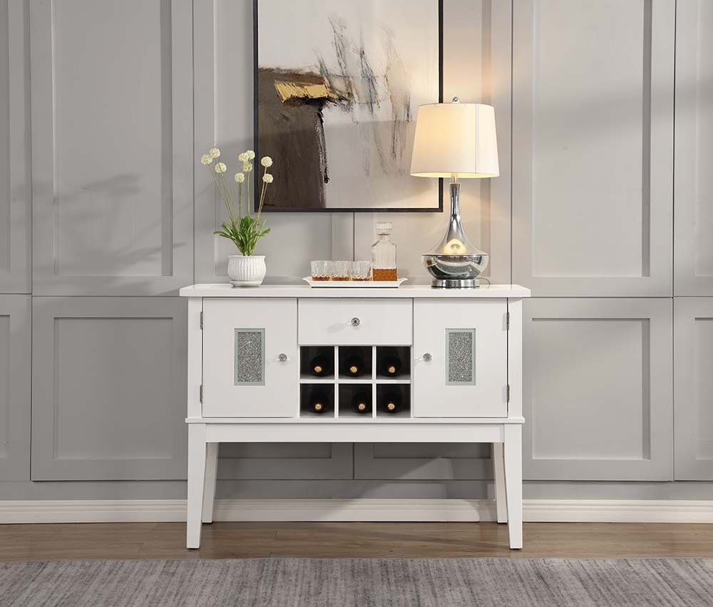 Acme DN00816 Orren ellis elizaveta white high gloss finish wood faux diamonds inlay dining server buffet cabinet