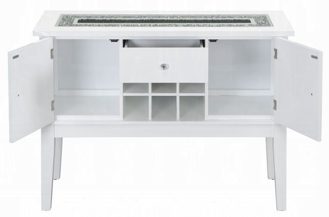 Acme DN00814 7 pc Orren ellis elizaveta white high gloss finish wood faux diamonds inlay dining table set