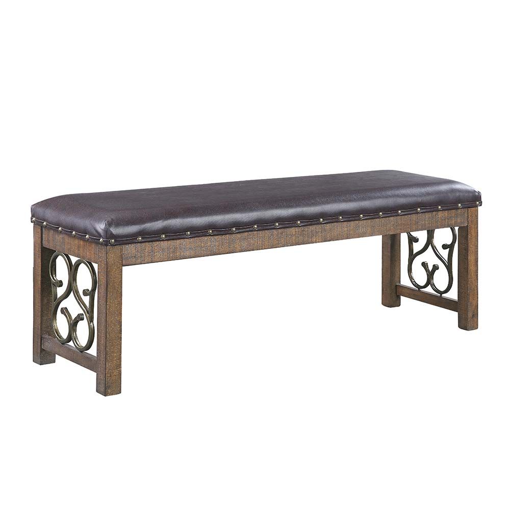 Acme DN00982 Raphaela weathered cherry finish wood black faux leather farmhouse style dining bench