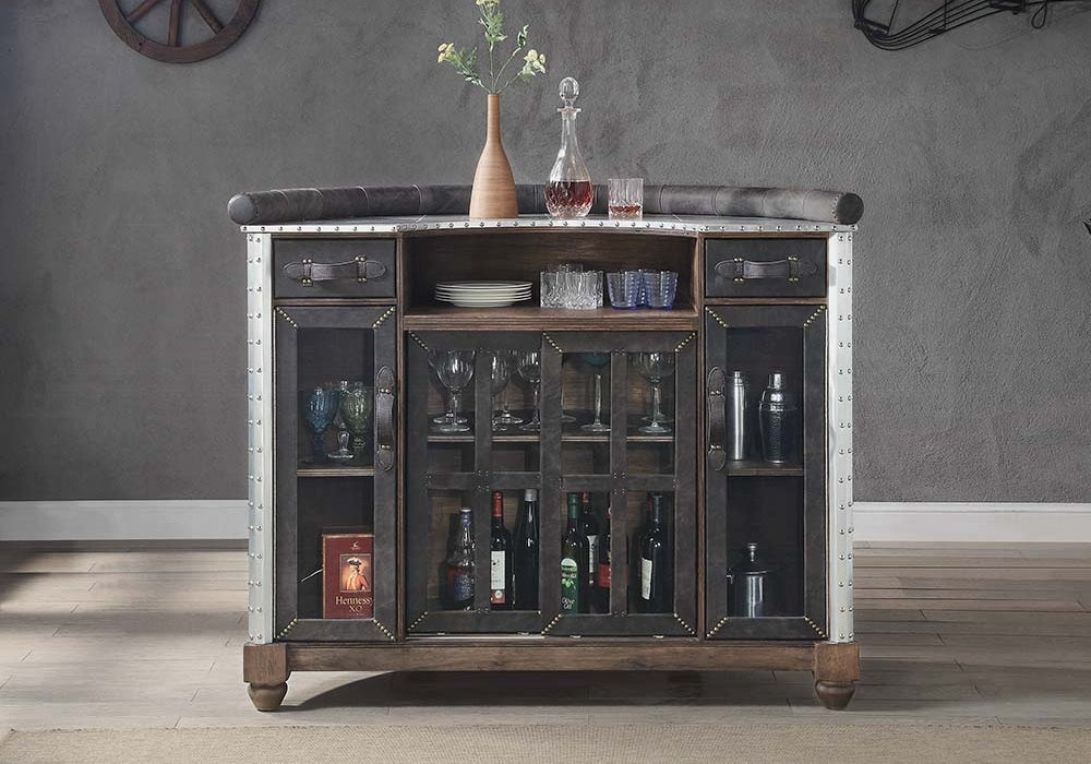 Acme DN01019 Rahma antique ebony top grain leather aluminum riveted finish bar unit with wood trim accents