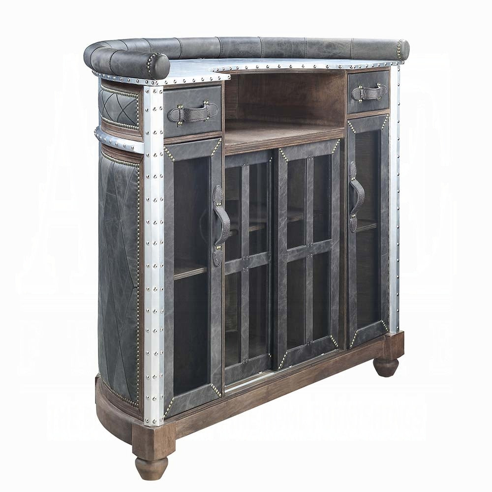 Acme DN01019 Rahma antique ebony top grain leather aluminum riveted finish bar unit with wood trim accents