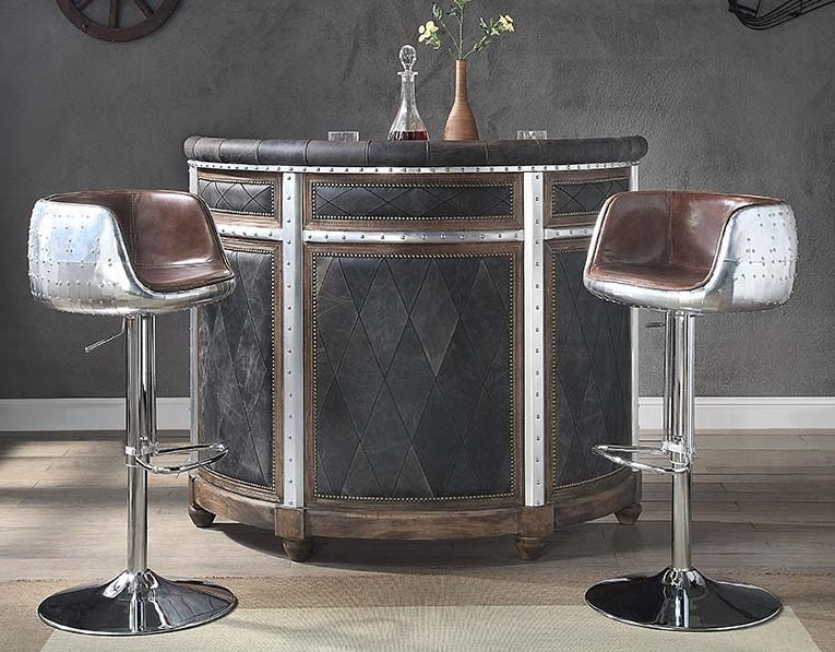 Acme DN01019 Rahma antique ebony top grain leather aluminum riveted finish bar unit with wood trim accents