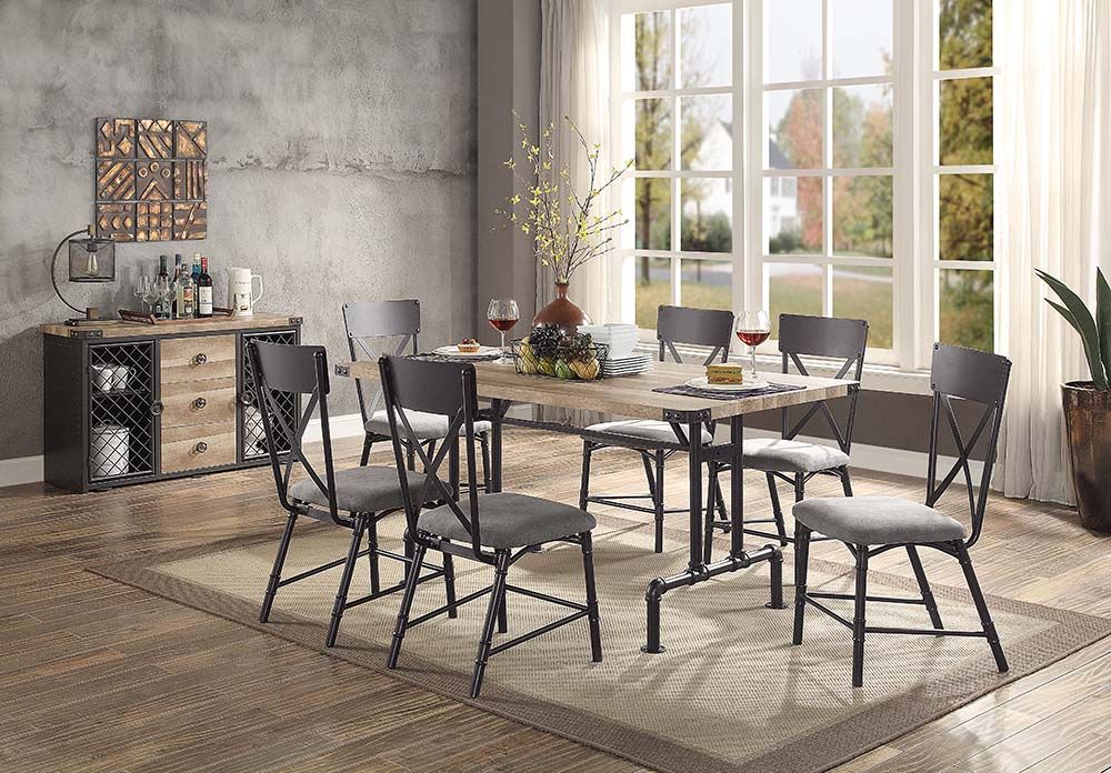 Acme DN01057 7 pc Edina natural oak finish wood sandy black metal industrial style dining table set