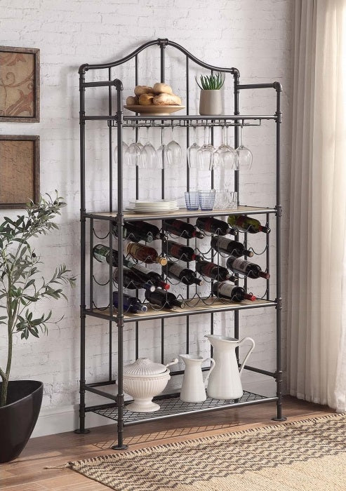 Acme DN01060 Edina oak finish wood and sandy black finish metal frame bakers / wine rack shelf