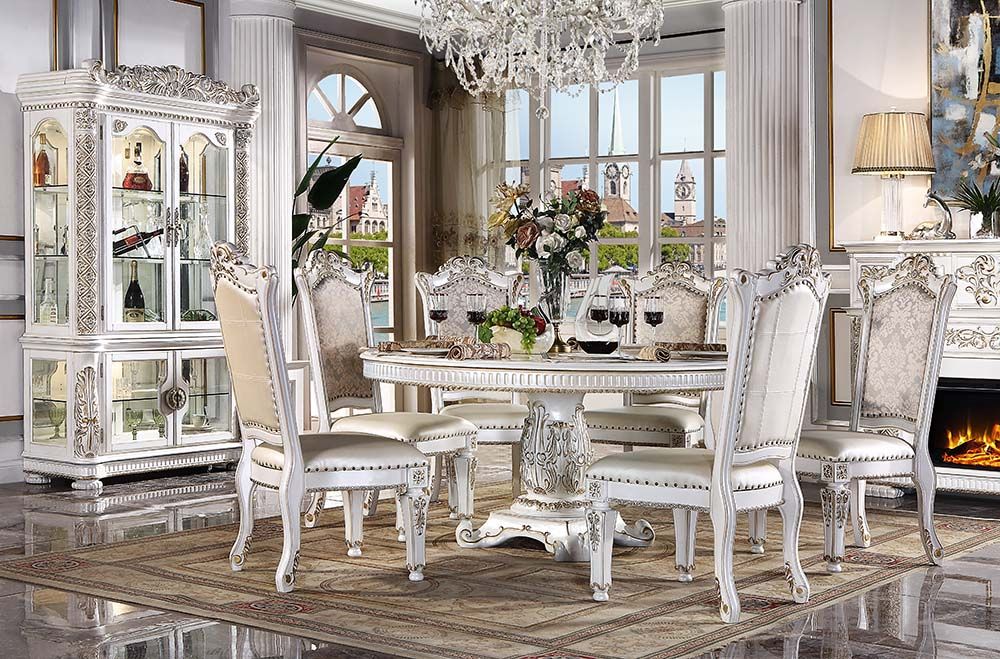DN01222 7 pc Vendome antique pearl hand brushed gold finish wood carved ornate accents 60" DIa. dining table set
