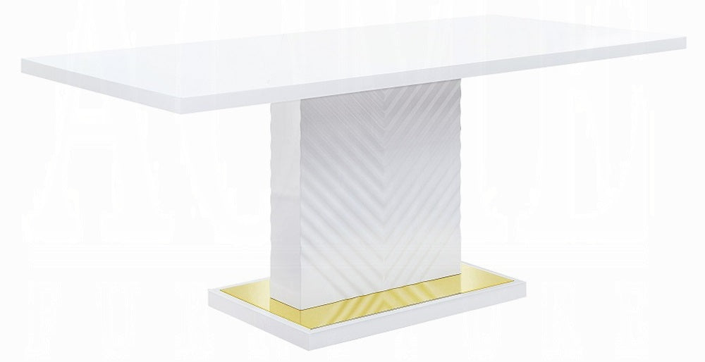 Acme DN01258 7 pc Everly quinn gaines white high gloss finish wood gold accents modern dining table set