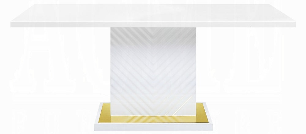Acme DN01258 7 pc Everly quinn gaines white high gloss finish wood gold accents modern dining table set