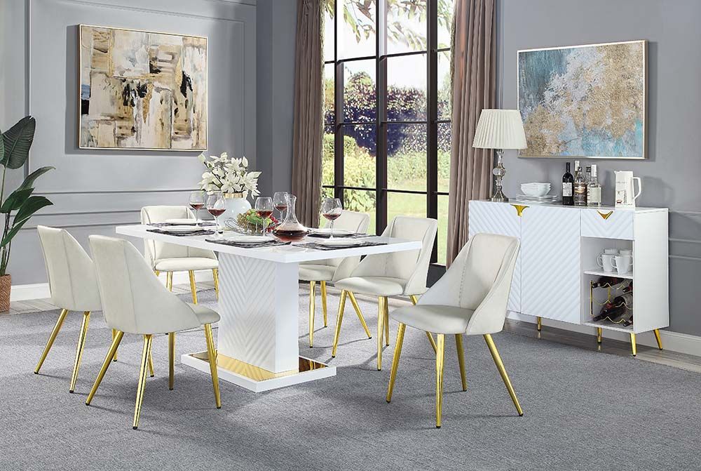 Acme DN01258 7 pc Everly quinn gaines white high gloss finish wood gold accents modern dining table set