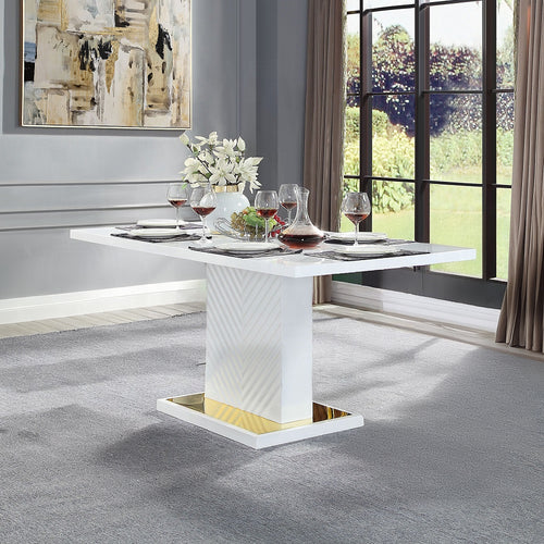 Acme DN01258A 7 pc Everly quinn gaines white high gloss finish wood gold accents modern dining table set grey or blue velvet chairs