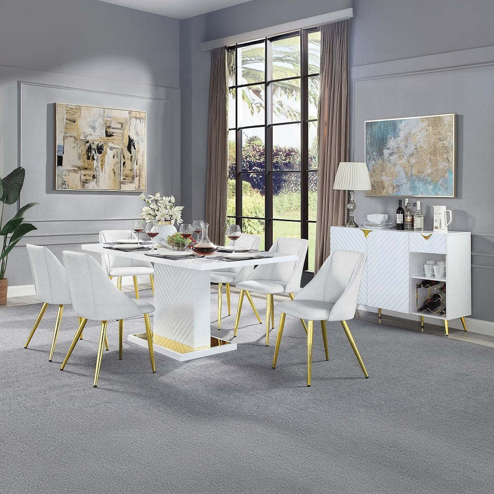 Acme DN01258 7 pc Everly quinn gaines white high gloss finish wood gold accents modern dining table set