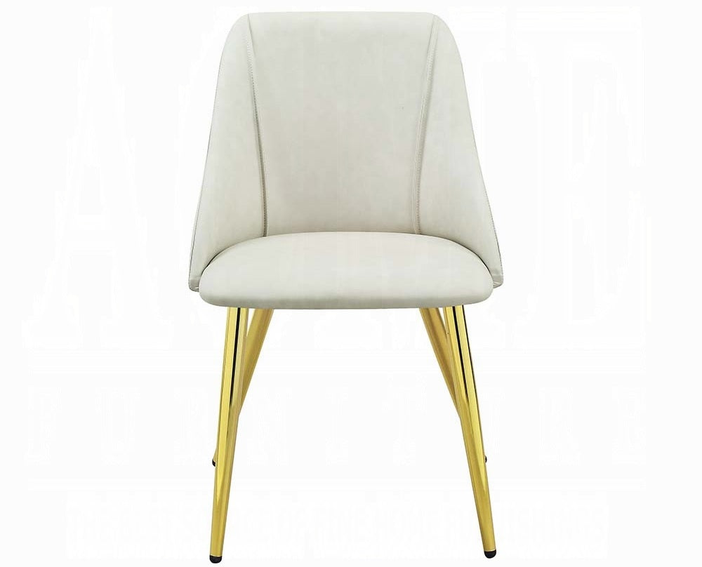 Acme DN01258 7 pc Everly quinn gaines white high gloss finish wood gold accents modern dining table set