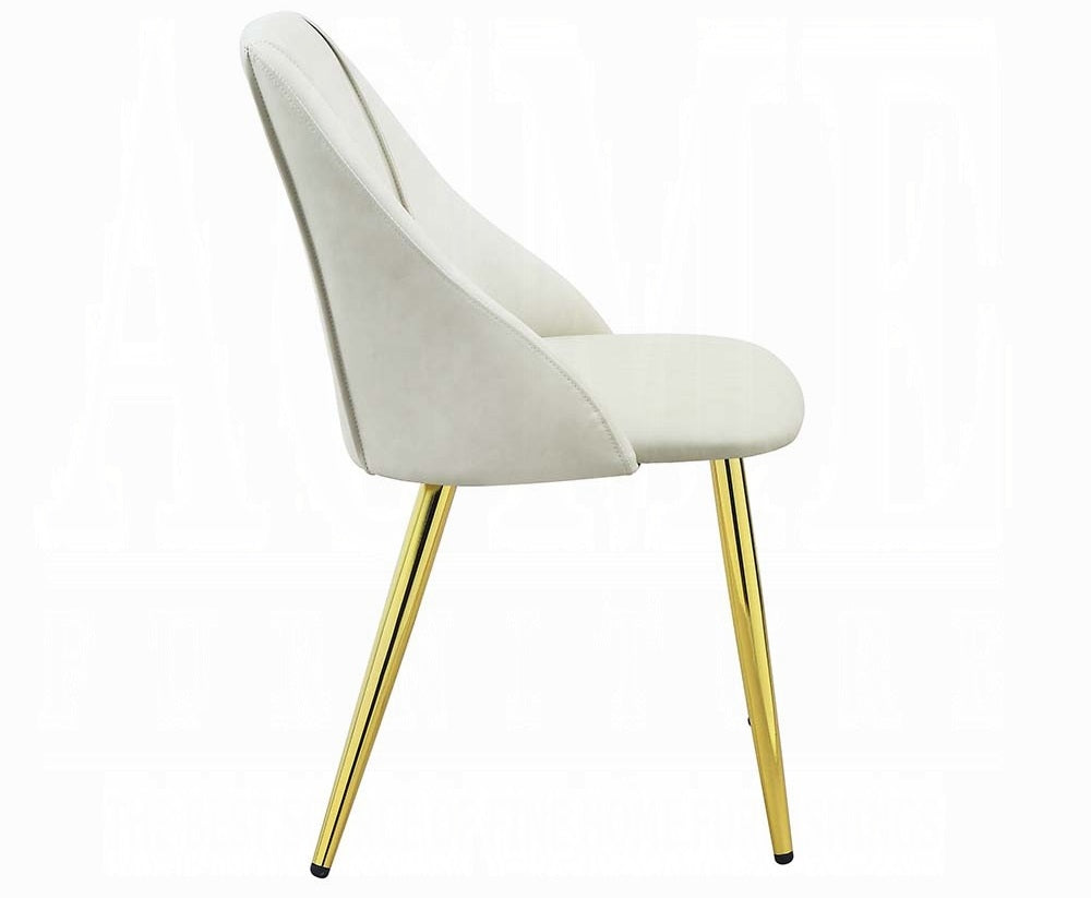 Acme DN01258 7 pc Everly quinn gaines white high gloss finish wood gold accents modern dining table set