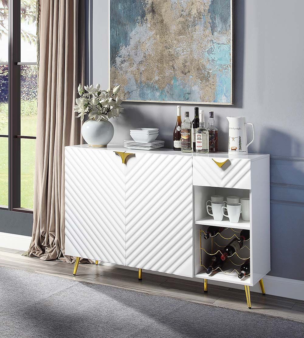 Acme DN01260  Everly quinn gaines white high gloss finish wood gold accents modern sideboard server bar buffet console cabinet