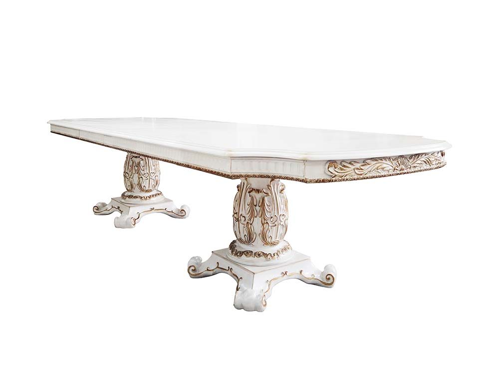 DN01346 7 pc Vendome antique pearl hand brushed gold finish wood carved ornate accents 136" dining table set