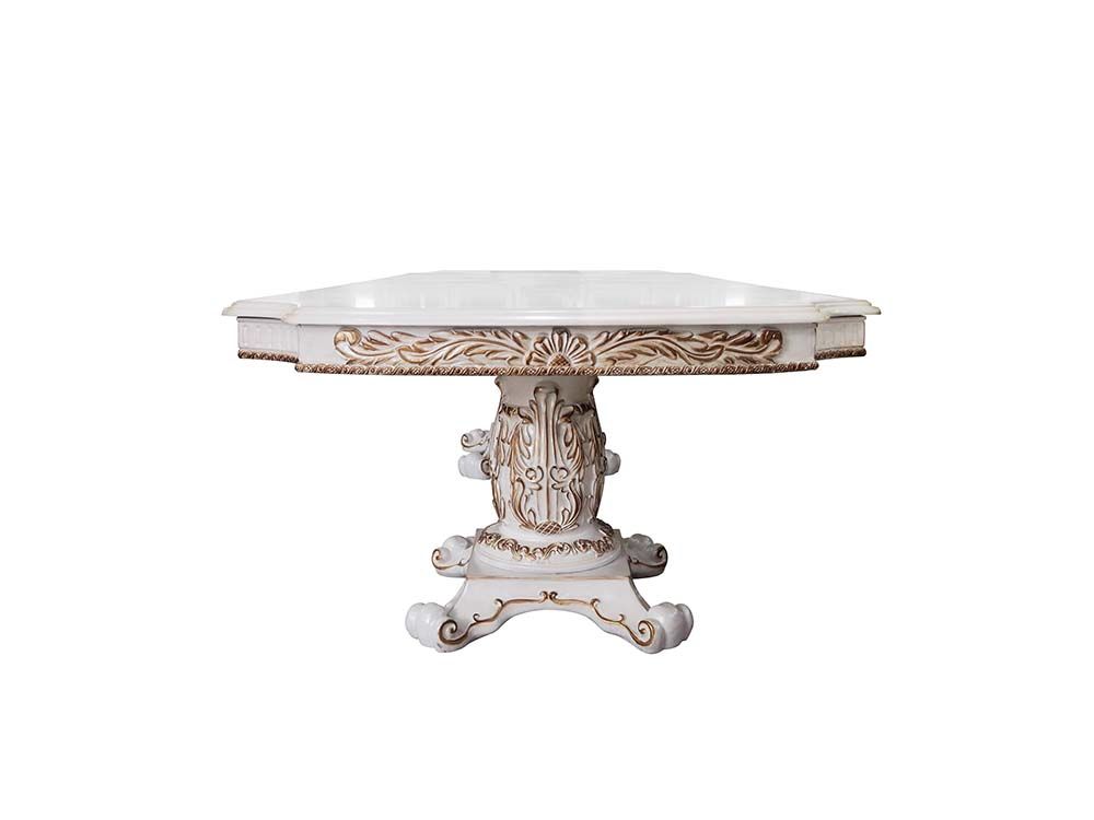 DN01346 7 pc Vendome antique pearl hand brushed gold finish wood carved ornate accents 136" dining table set