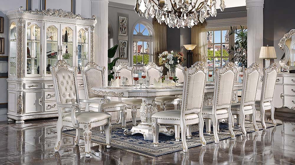 DN01346 7 pc Vendome antique pearl hand brushed gold finish wood carved ornate accents 136" dining table set