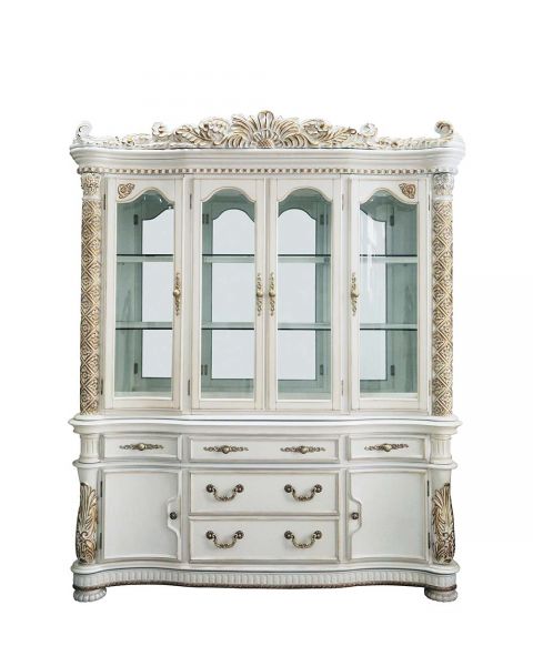 DN01350 Vendome antique pearl hand brushed gold finish wood carved ornate accents dining china hutch and buffet curio cabinet