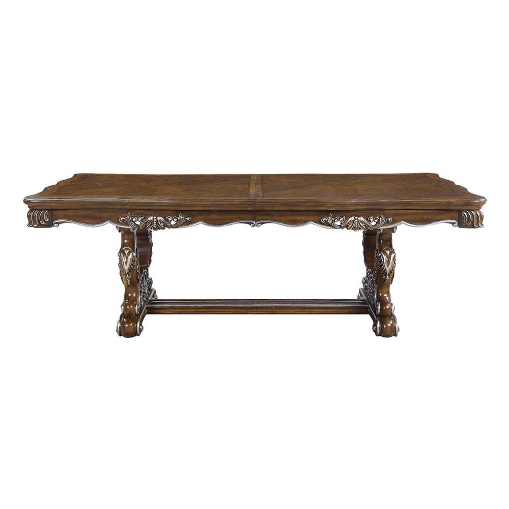DN01357 7 pc Latisha antique oak finish wood carved ornate accents trestle base 114" dining table set