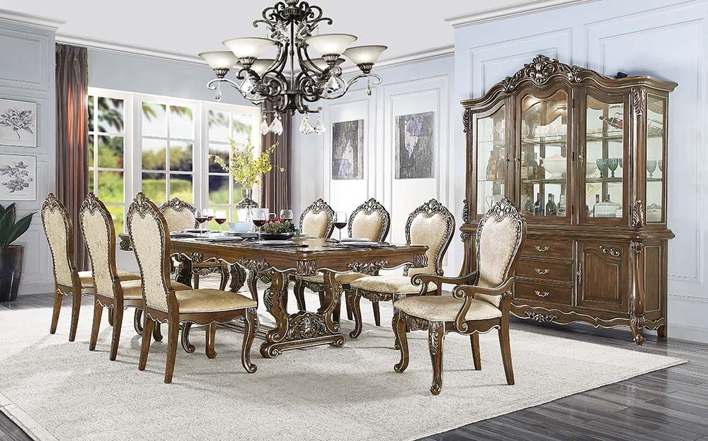 DN01357 7 pc Latisha antique oak finish wood carved ornate accents trestle base 114" dining table set