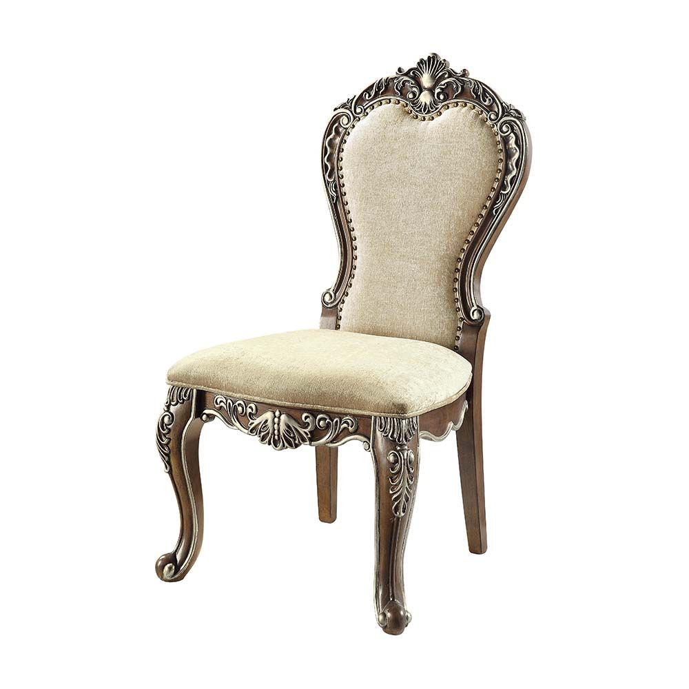 Acme DN01358 Set of 2 Latisha antique oak finish wood carved ornate accents fabric upholstered dining chairs