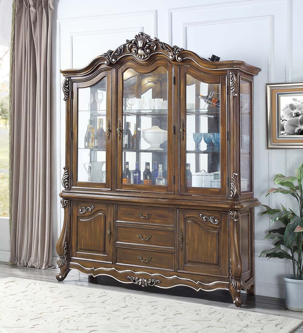 DN01360 Latisha antique oak finish wood carved ornate accents curio china cabinet hutch and buffet