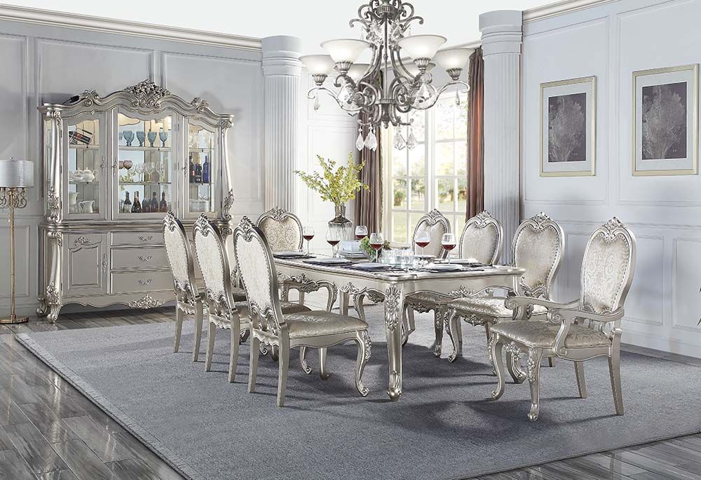 DN01367 7 pc Bently champagne finish wood carved ornate accents tempered glass top 96" dining table set
