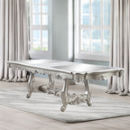 DN01368 7 pc Bently champagne finish wood carved ornate accents tempered glass top 114" dining table set