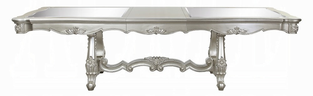 DN01368 7 pc Bently champagne finish wood carved ornate accents tempered glass top 114" dining table set