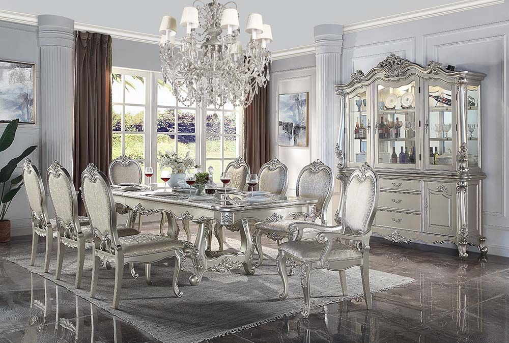 DN01368 7 pc Bently champagne finish wood carved ornate accents tempered glass top 114" dining table set