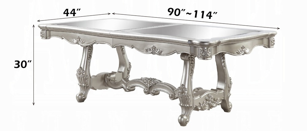 DN01368 7 pc Bently champagne finish wood carved ornate accents tempered glass top 114" dining table set