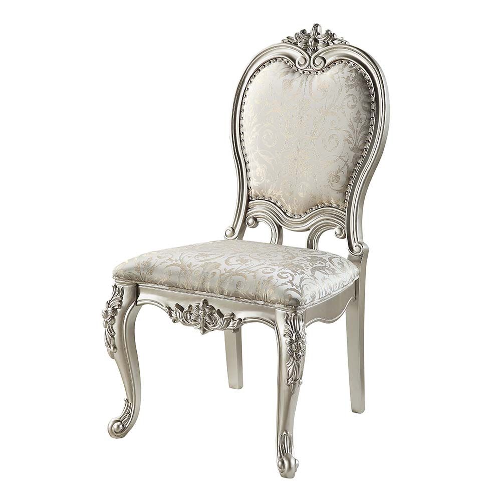 DN01369 Set of 2 Bently champagne finish wood carved ornate accents damask pattern fabric upholstered dining chairs