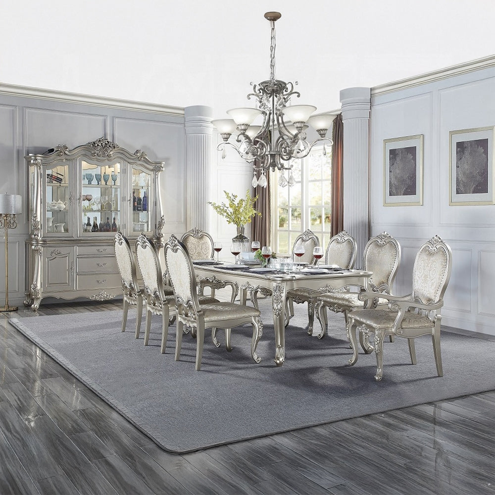 DN01368 7 pc Bently champagne finish wood carved ornate accents tempered glass top 114" dining table set