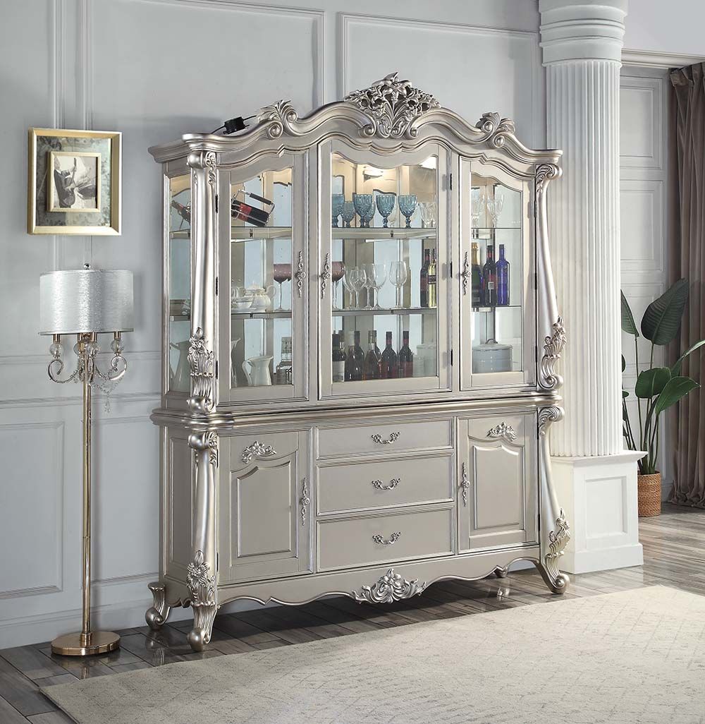 Acme DN01371 Bently champagne finish wood carved ornate accents curio china cabinet hutch and buffet