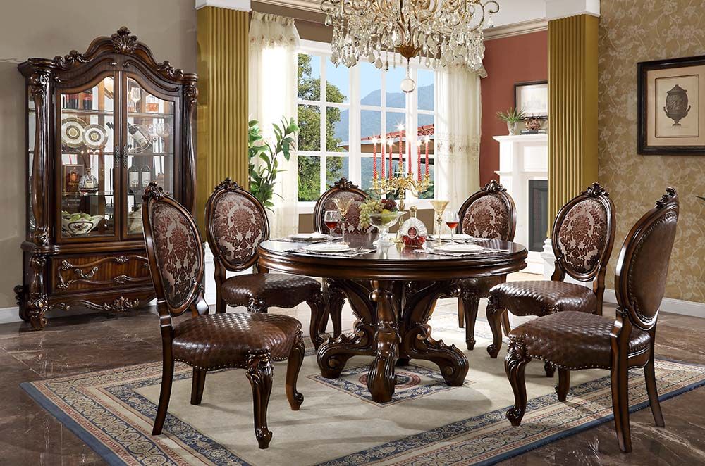 Acme DN01391 7 pc Astorai grand welton versailles cherry oak finish wood 60" round pedestal dining table set