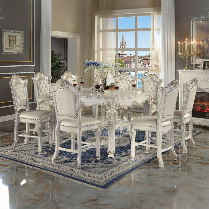 Acme DN01515-7PC 7 pc Vendome antique pearl finish wood counter height dining table set pearl faux leather upholstery