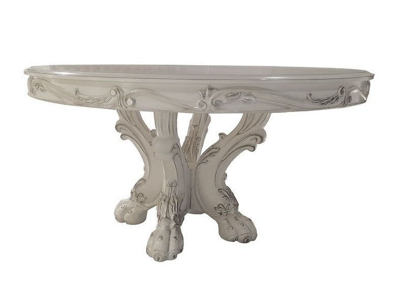 Acme DN01700 5 pc Astoria grand penaflor dresden vintage bone finish wood trestle base 60" round top dining table set