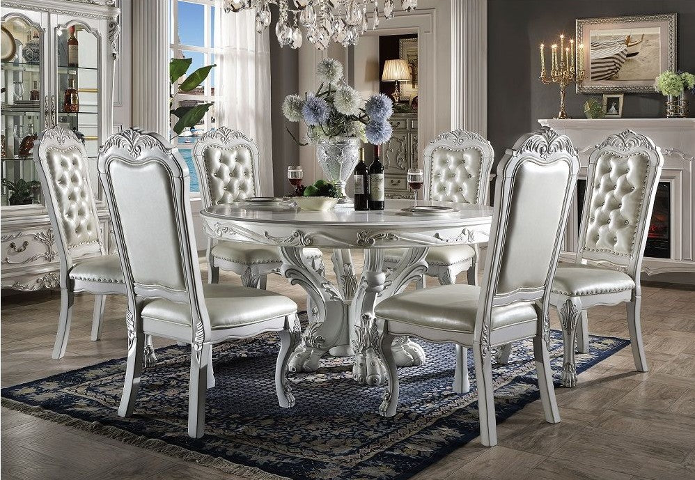 Acme DN01700 5 pc Astoria grand penaflor dresden vintage bone finish wood trestle base 60" round top dining table set