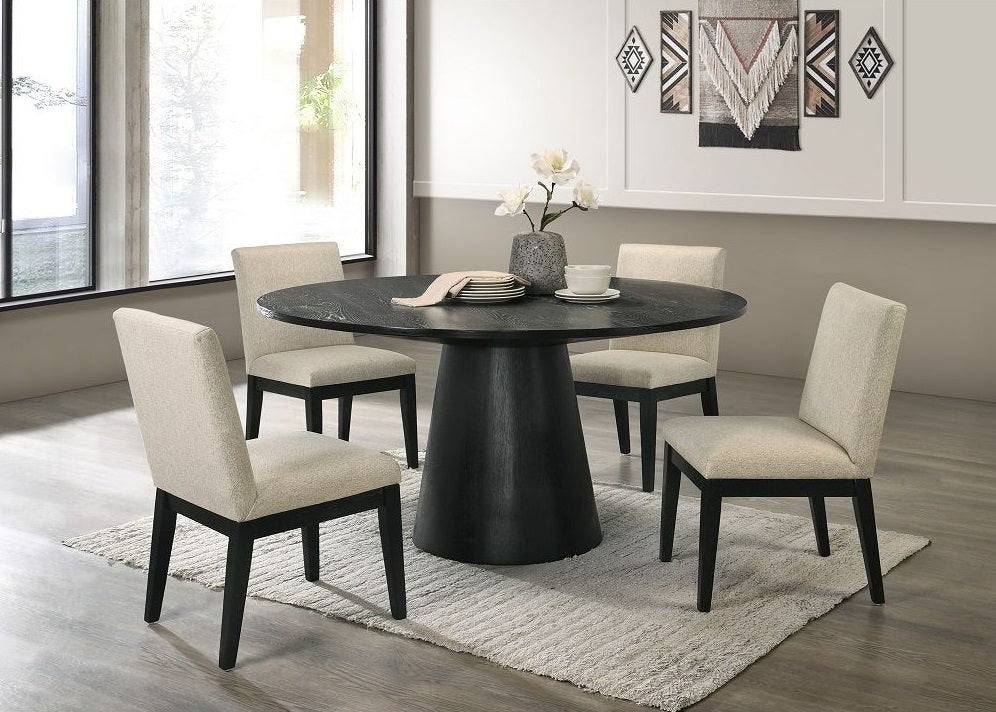 Acme DN01802-5PC 5 pc Charlton home Froja ebony black finish wood 59" round modern dining table set beige fabric chairs